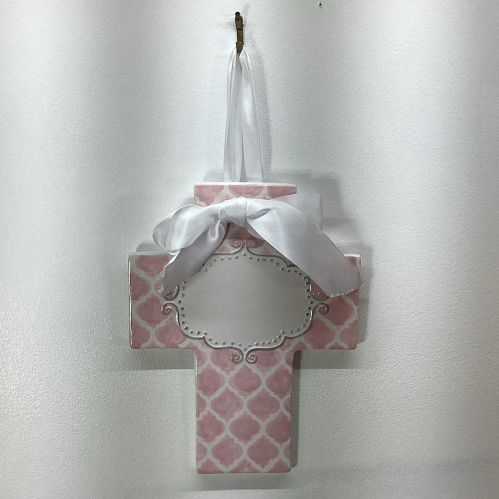 Sue Berk Designs Elegant Pink and White Cross with Ribbon